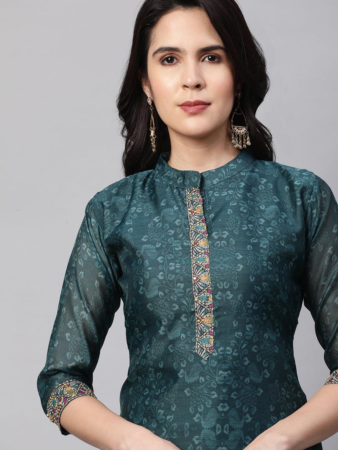 Kantha Embroidered & Printed Kurta and Dupatta - Teal Green - Indiakreations