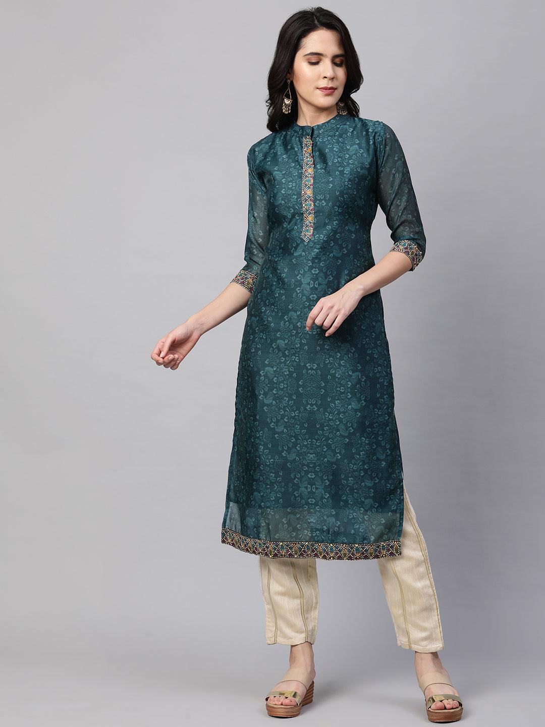 Kantha Embroidered & Printed Kurta and Dupatta - Teal Green - Indiakreations