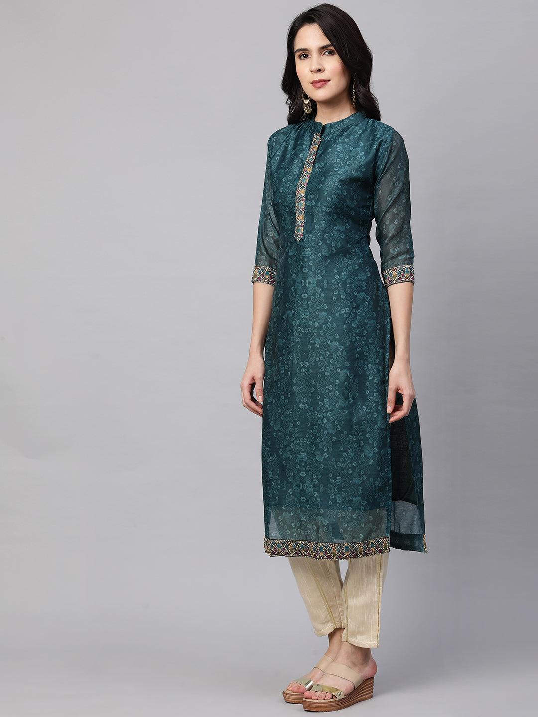 Kantha Embroidered & Printed Kurta and Dupatta - Teal Green - Indiakreations