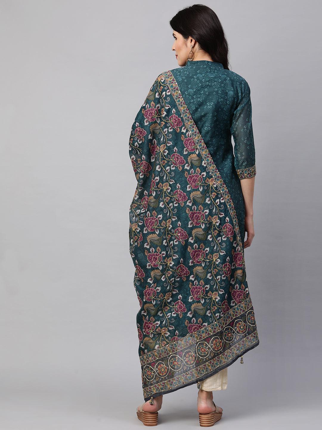 Kantha Embroidered & Printed Kurta and Dupatta - Teal Green - Indiakreations