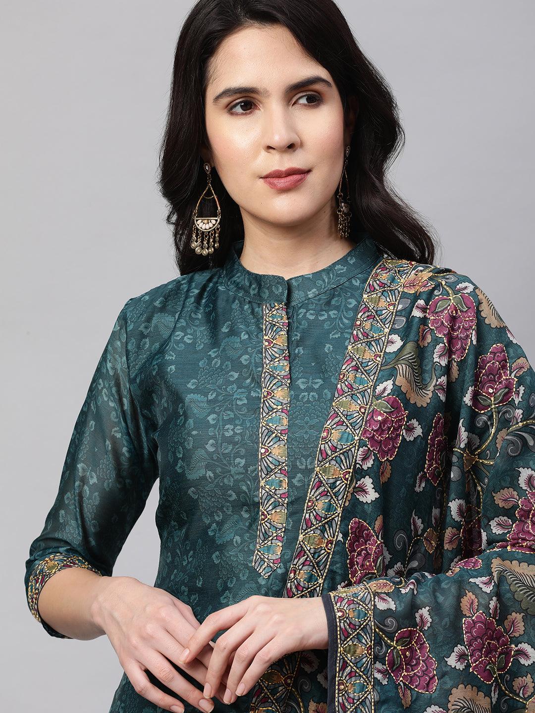 Kantha Embroidered & Printed Kurta and Dupatta - Teal Green - Indiakreations