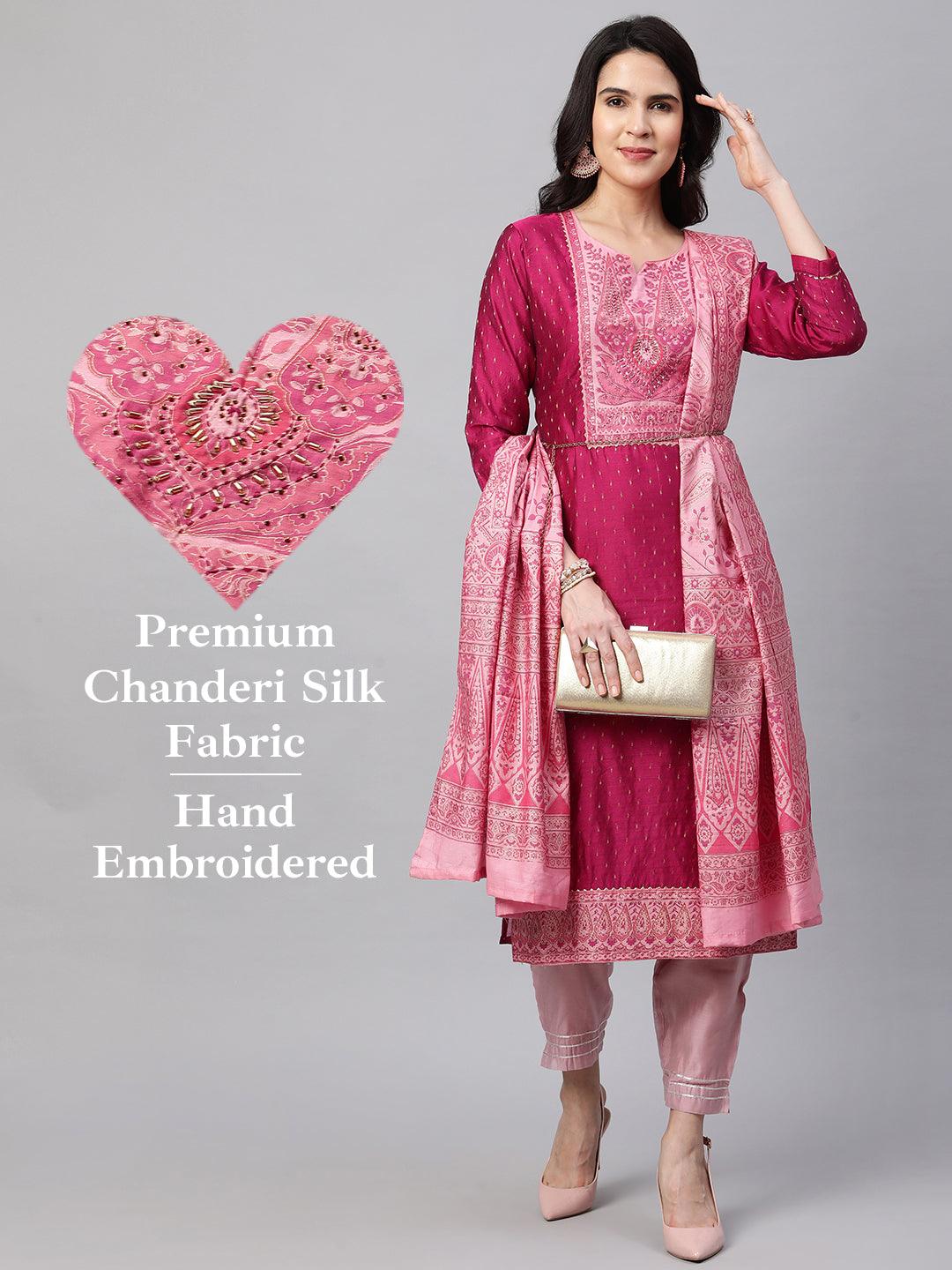 Zari Woven Kurta with Printed Dupatta - Ruby Pink - Indiakreations