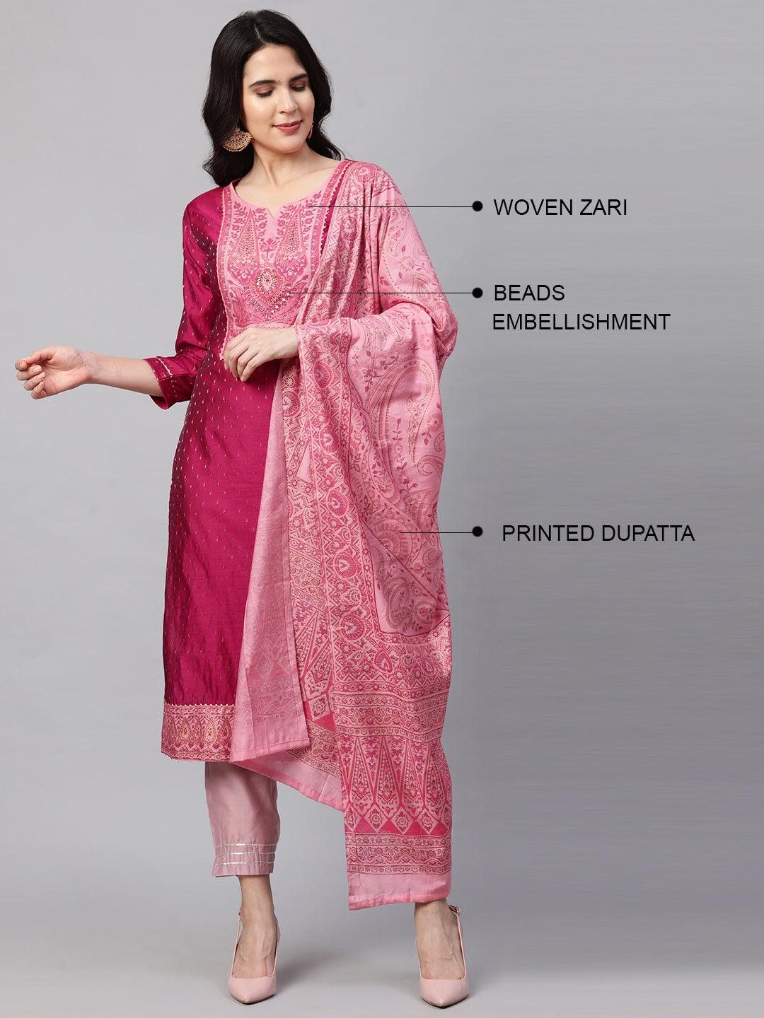 Zari Woven Kurta with Printed Dupatta - Ruby Pink - Indiakreations