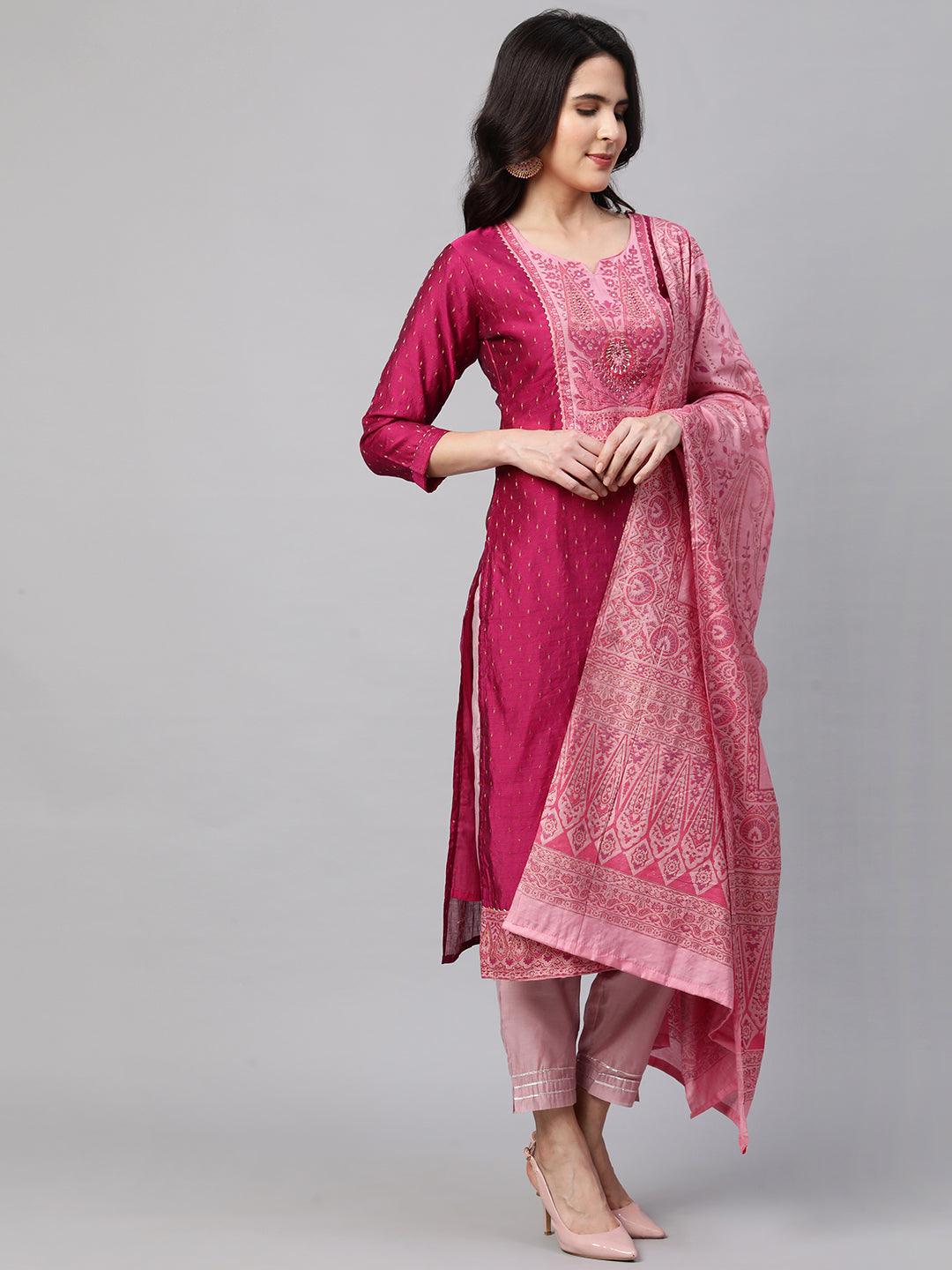 Zari Woven Kurta with Printed Dupatta - Ruby Pink - Indiakreations