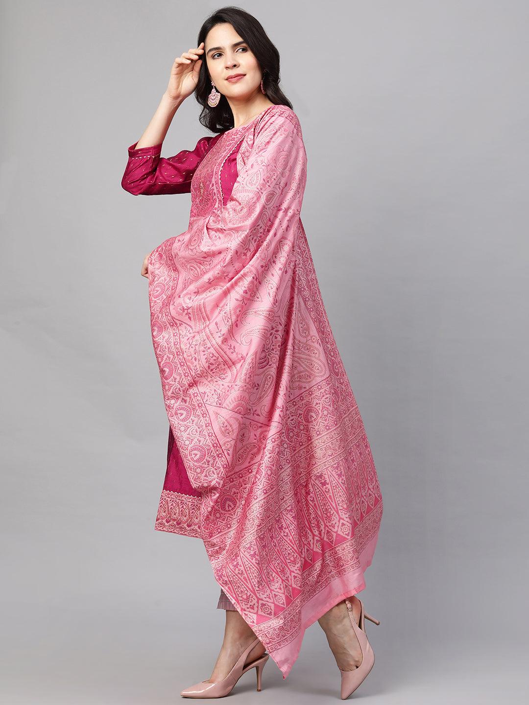 Zari Woven Kurta with Printed Dupatta - Ruby Pink - Indiakreations