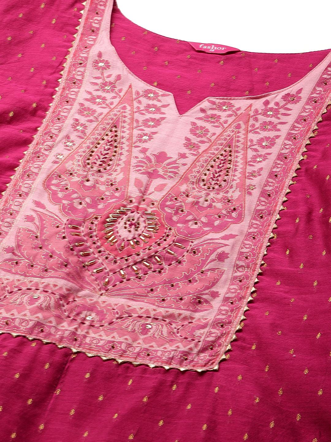 Zari Woven Kurta with Printed Dupatta - Ruby Pink - Indiakreations