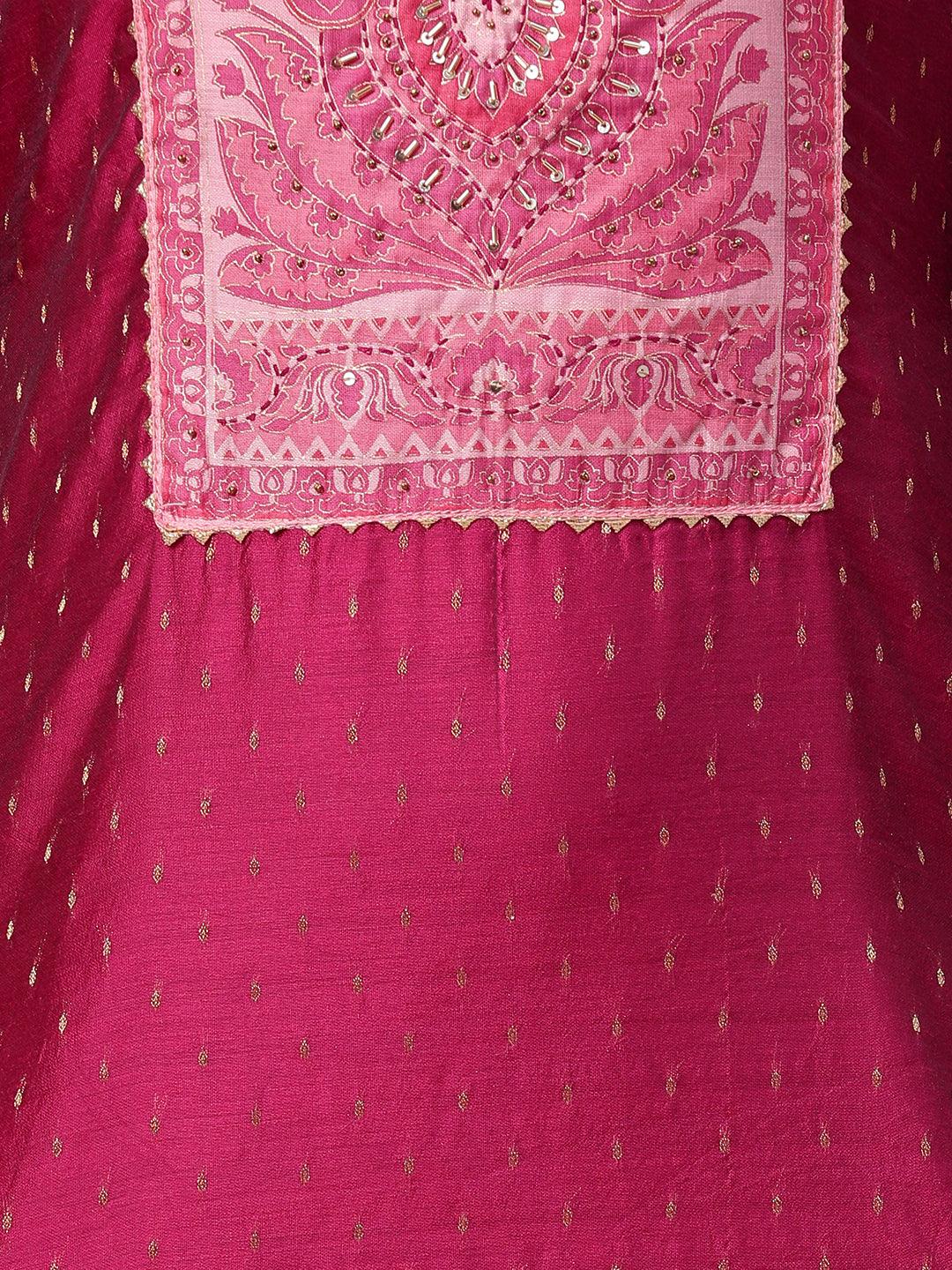 Zari Woven Kurta with Printed Dupatta - Ruby Pink - Indiakreations