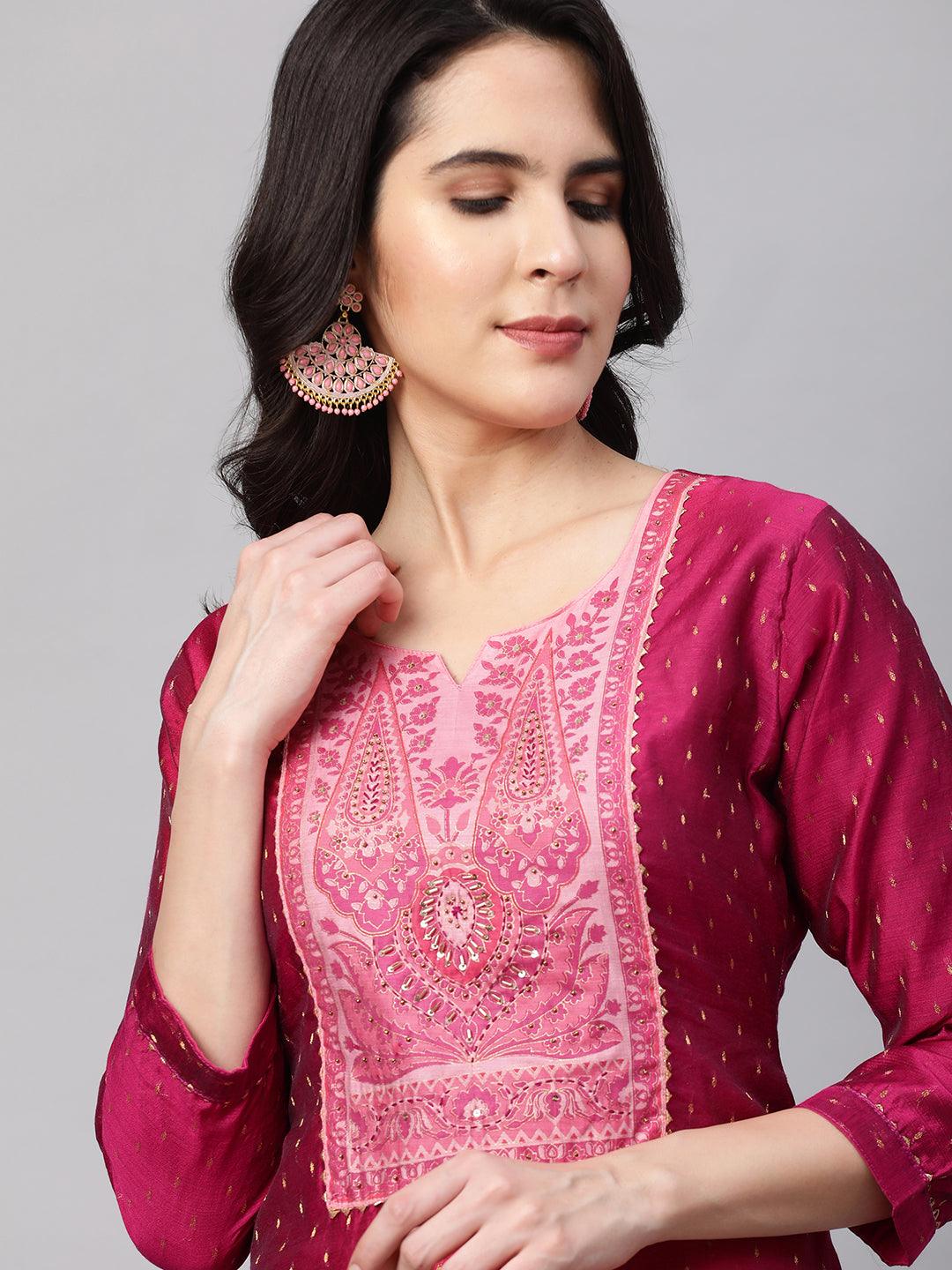 Zari Woven Kurta with Printed Dupatta - Ruby Pink - Indiakreations