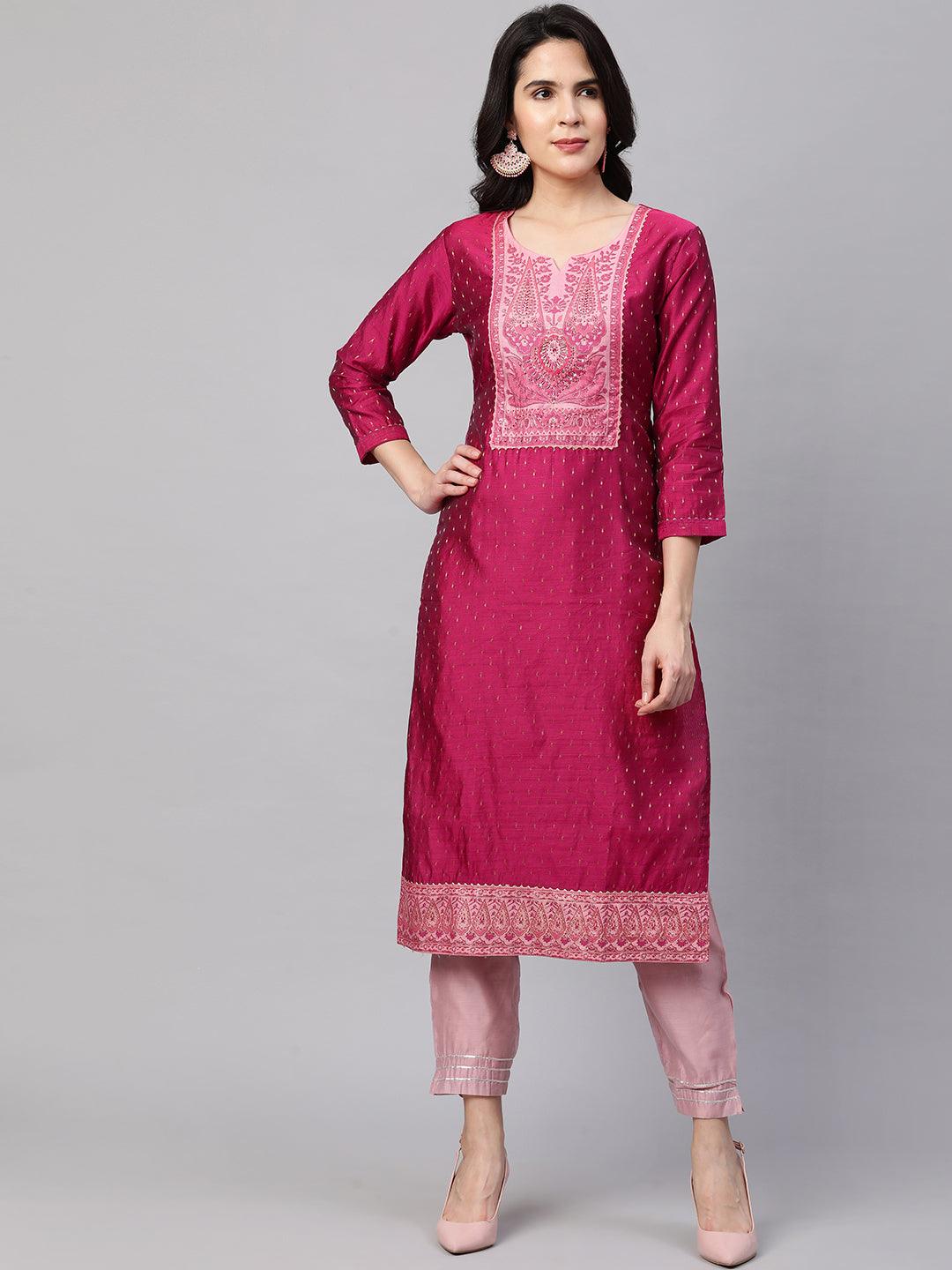 Zari Woven Kurta with Printed Dupatta - Ruby Pink - Indiakreations