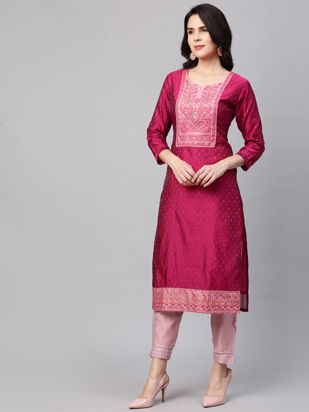 Zari Woven Kurta with Printed Dupatta - Ruby Pink - Indiakreations