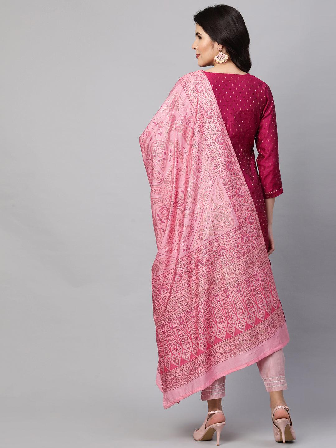 Zari Woven Kurta with Printed Dupatta - Ruby Pink - Indiakreations