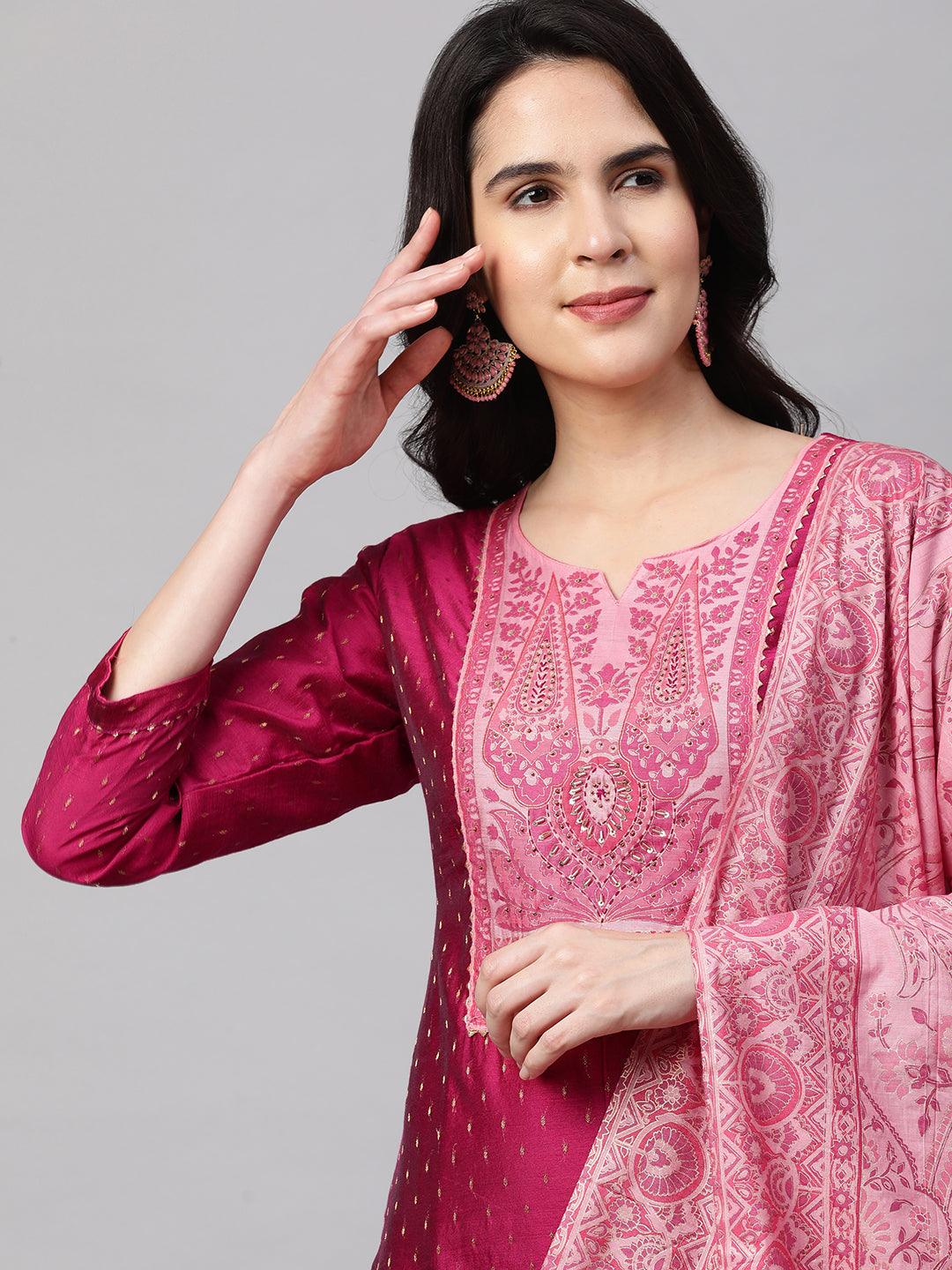 Zari Woven Kurta with Printed Dupatta - Ruby Pink - Indiakreations