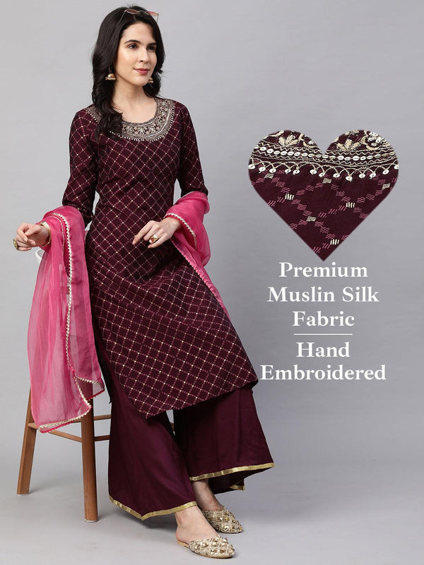 Ethnic Printed & Embroidered Kurta with Palazzo and Dupatta - Wine - Indiakreations