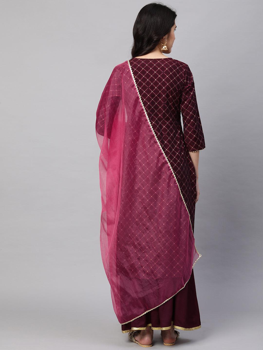 Ethnic Printed & Embroidered Kurta with Palazzo and Dupatta - Wine - Indiakreations