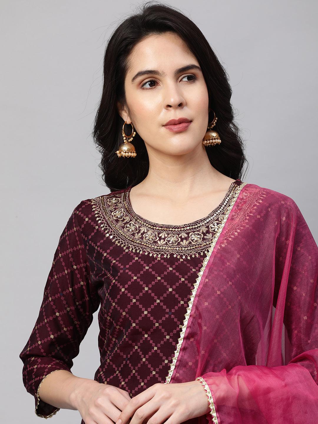 Ethnic Printed & Embroidered Kurta with Palazzo and Dupatta - Wine - Indiakreations