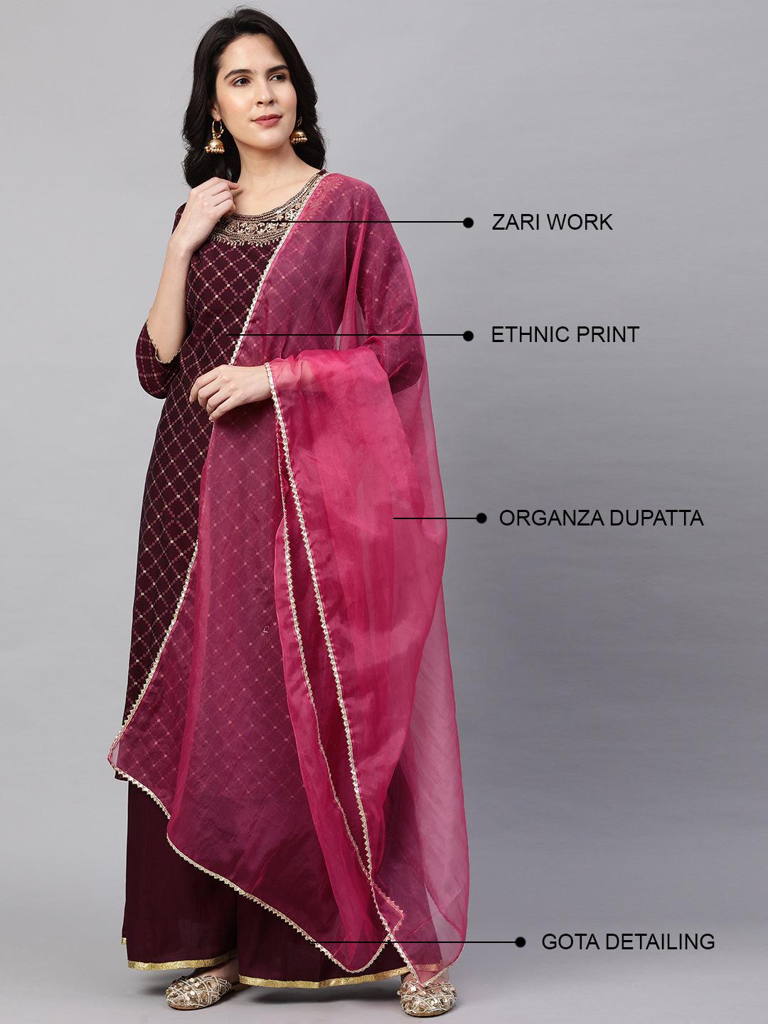 Ethnic Printed & Embroidered Kurta with Palazzo and Dupatta - Wine - Indiakreations