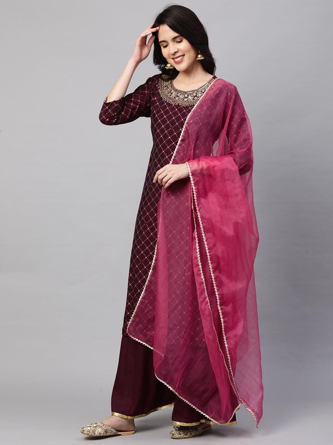 Ethnic Printed & Embroidered Kurta with Palazzo and Dupatta - Wine - Indiakreations