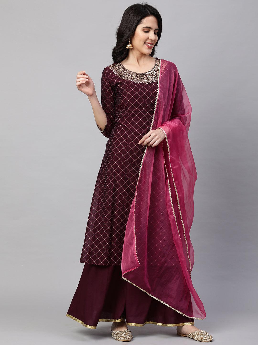 Ethnic Printed & Embroidered Kurta with Palazzo and Dupatta - Wine - Indiakreations