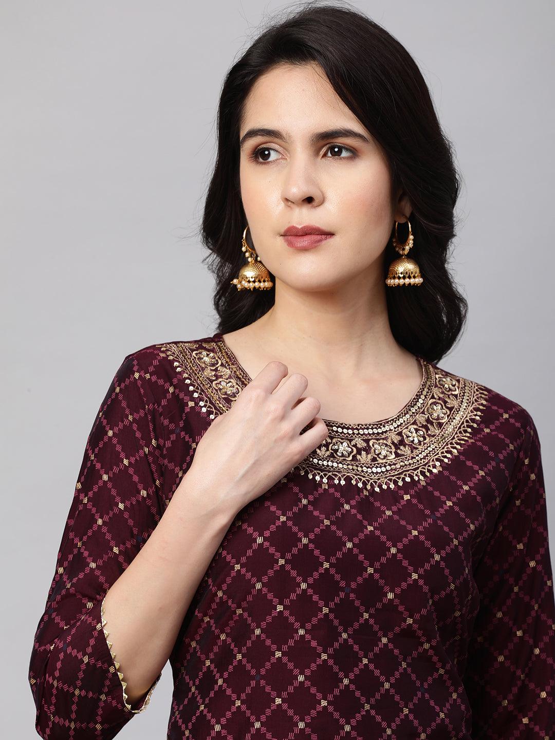 Ethnic Printed & Embroidered Kurta with Palazzo and Dupatta - Wine - Indiakreations