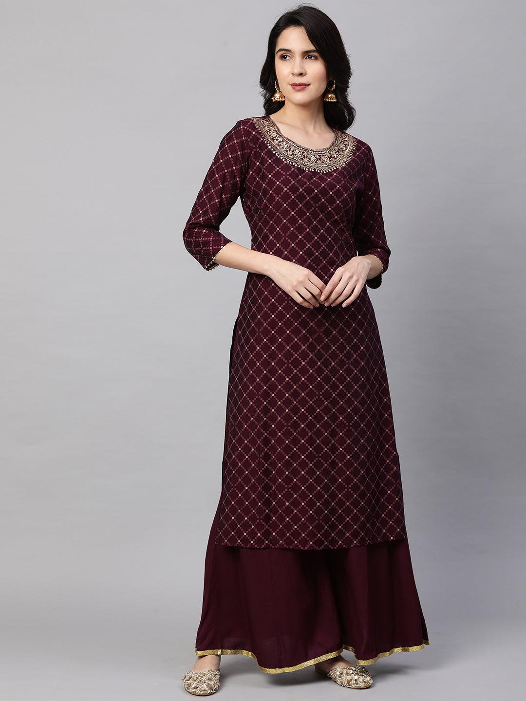 Ethnic Printed & Embroidered Kurta with Palazzo and Dupatta - Wine - Indiakreations