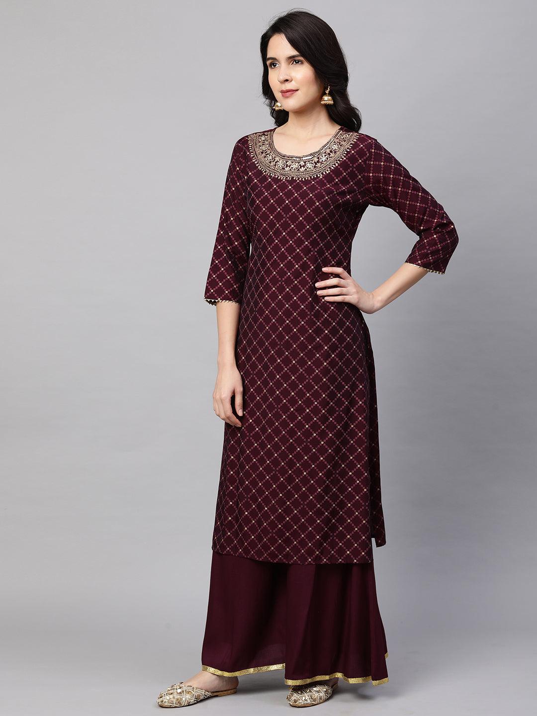 Ethnic Printed & Embroidered Kurta with Palazzo and Dupatta - Wine - Indiakreations