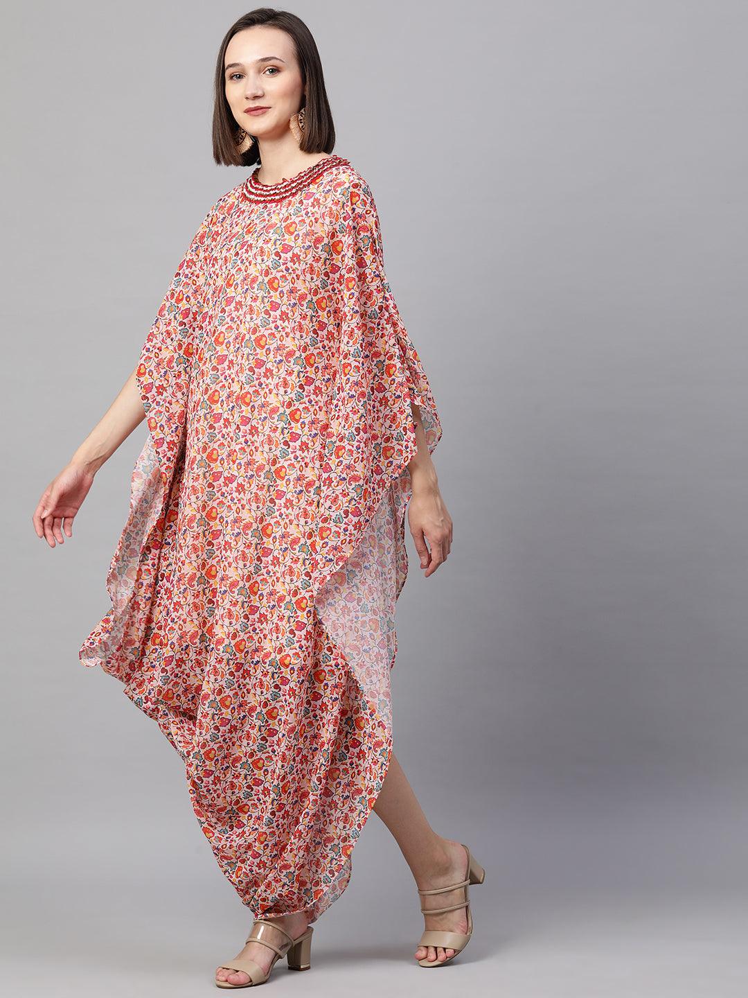 Colorful Jaal Printed Cowl Draped Dress - Peach - Indiakreations