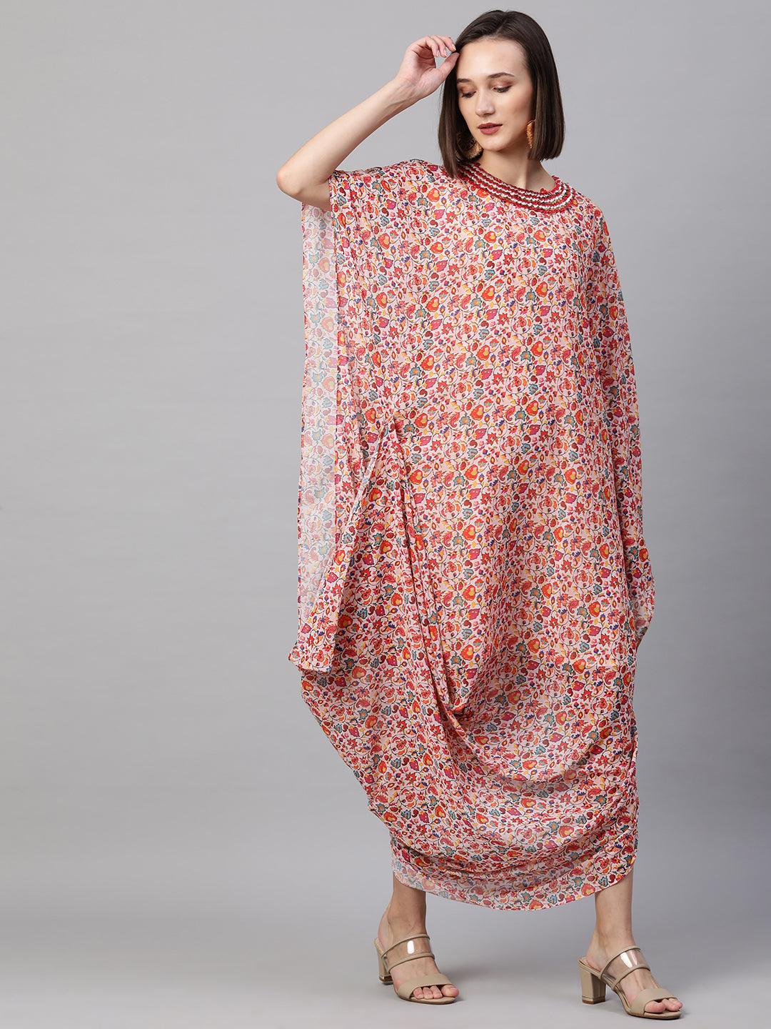 Colorful Jaal Printed Cowl Draped Dress - Peach - Indiakreations