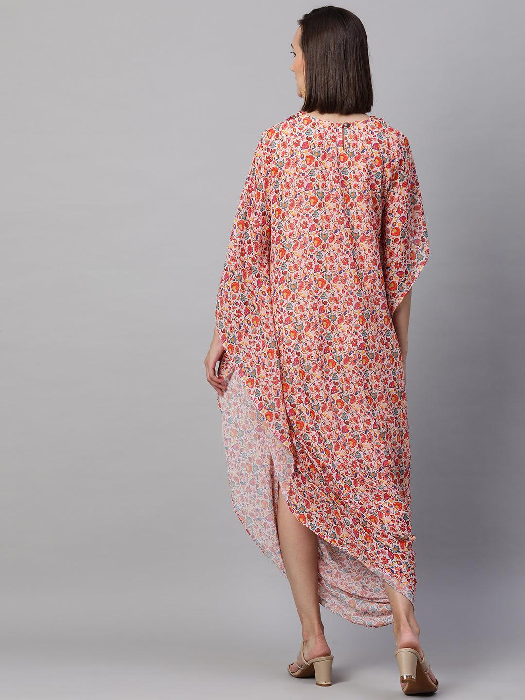 Colorful Jaal Printed Cowl Draped Dress - Peach - Indiakreations