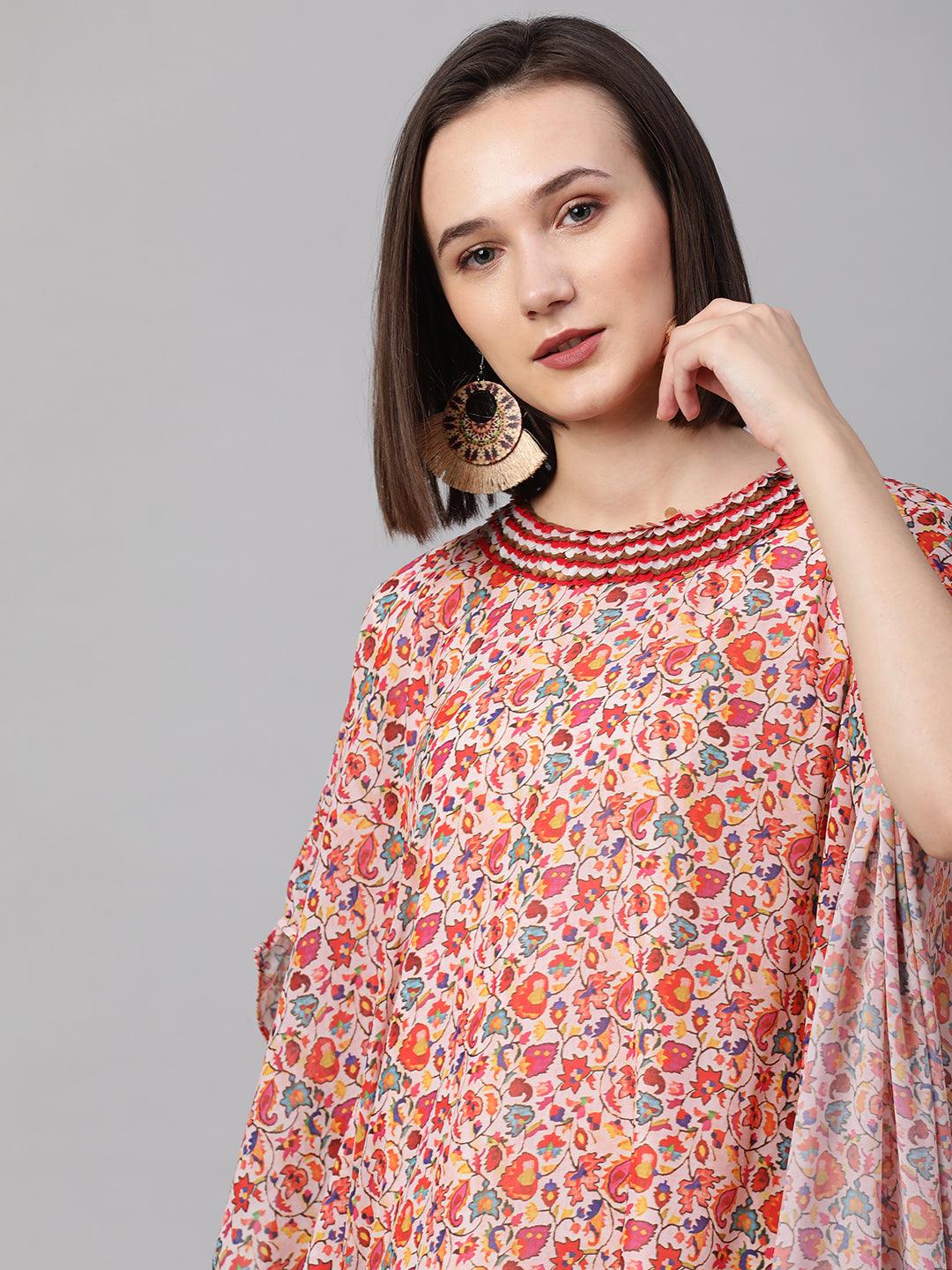 Colorful Jaal Printed Cowl Draped Dress - Peach - Indiakreations