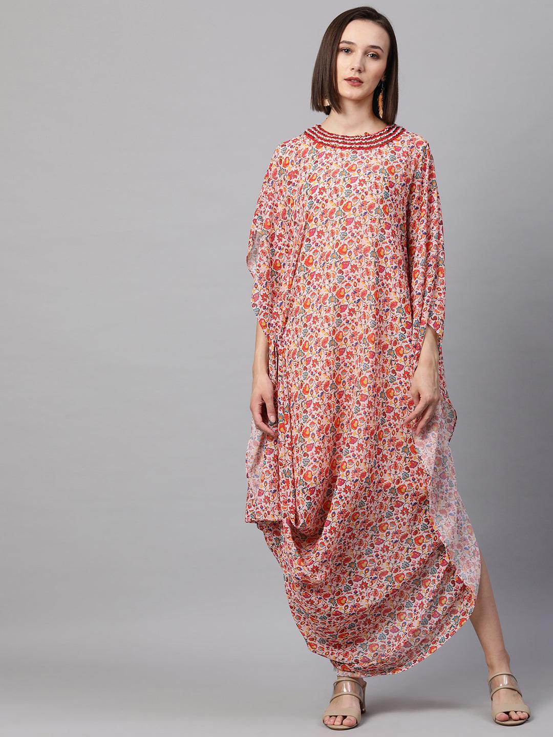 Colorful Jaal Printed Cowl Draped Dress - Peach - Indiakreations