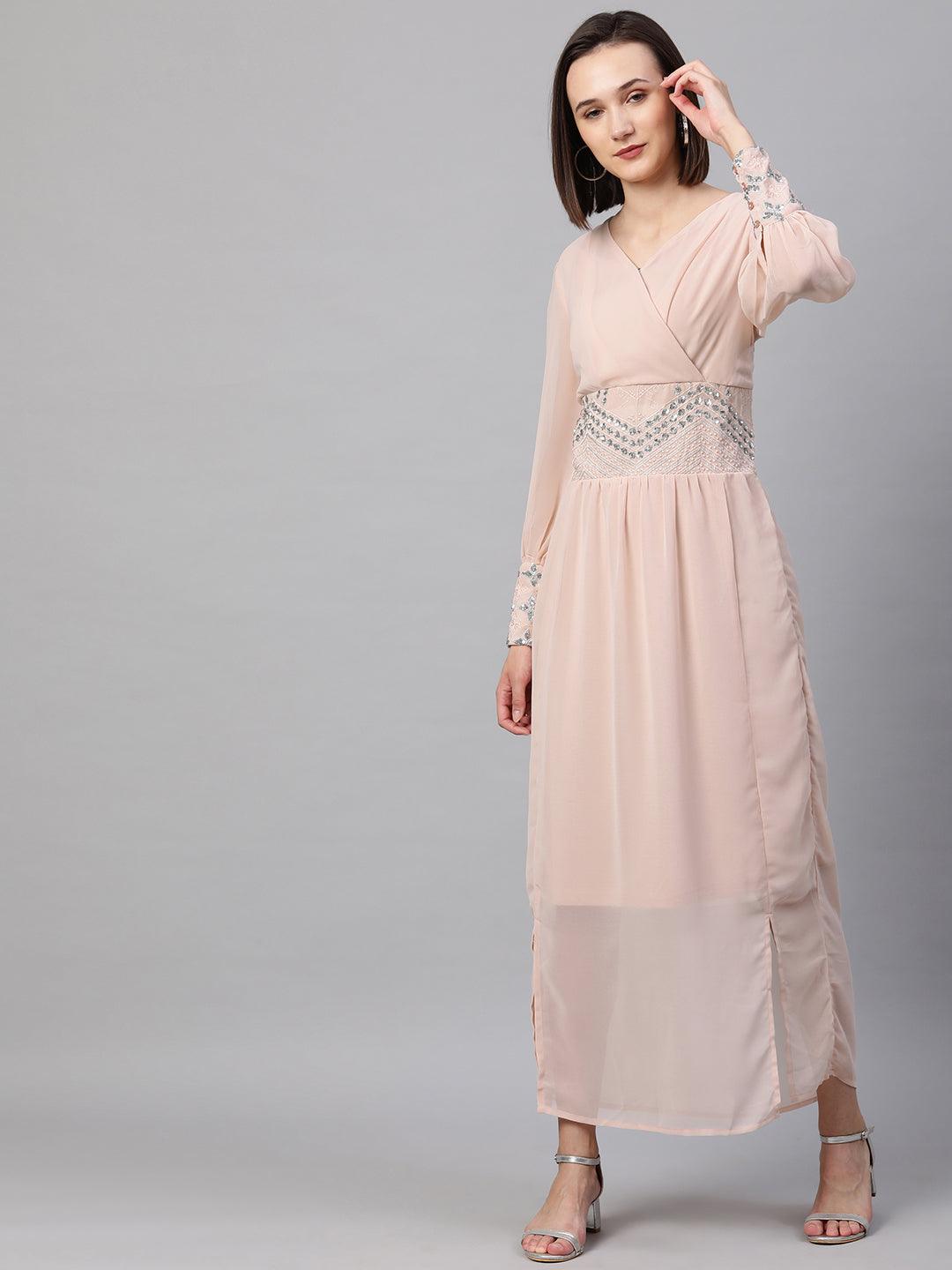 Sequin Embroidered Party Wear Dress - Pastel Peach - Indiakreations