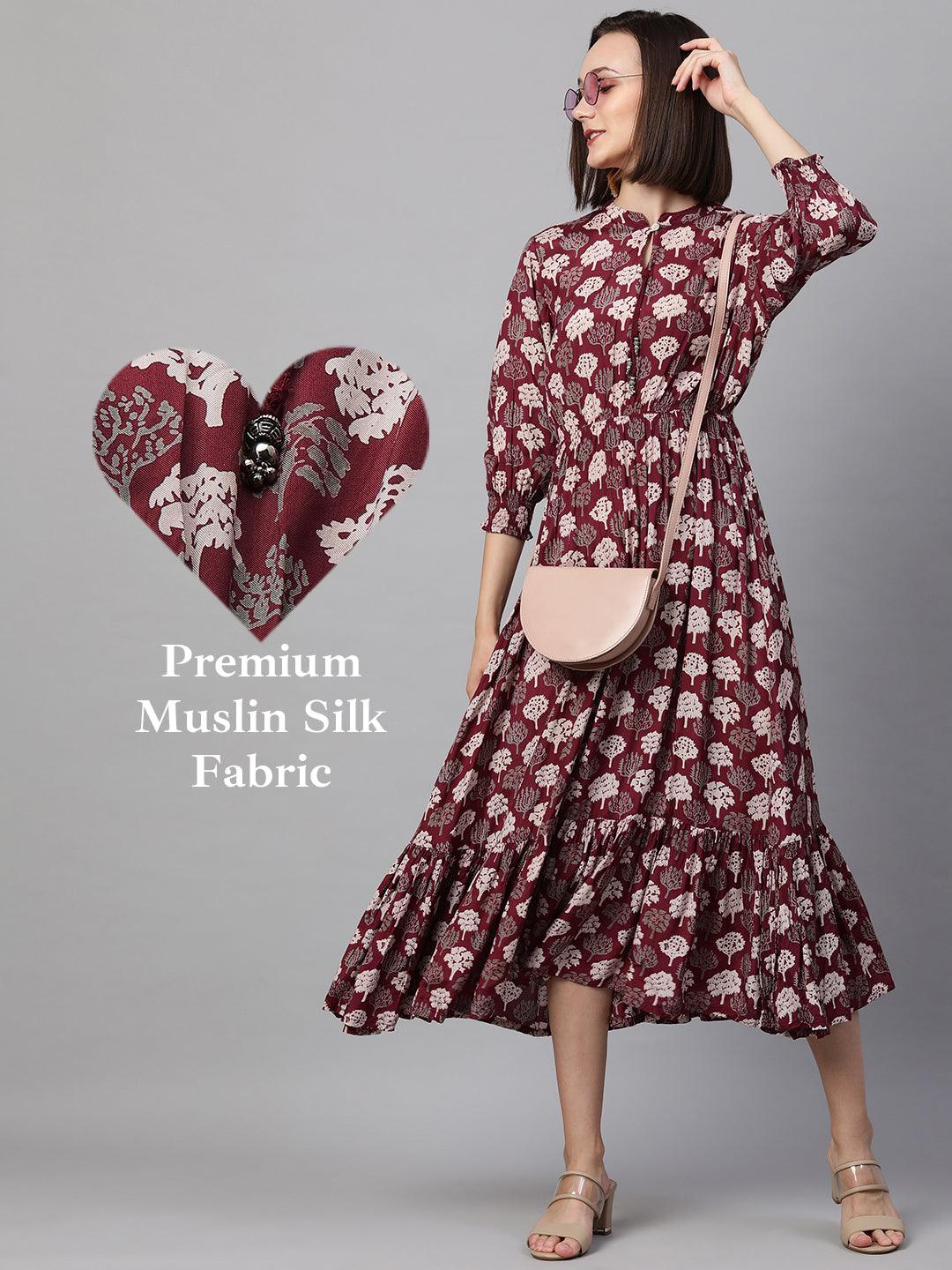 Ethnic Printed Flounce Maxi Dress - Wine - Indiakreations