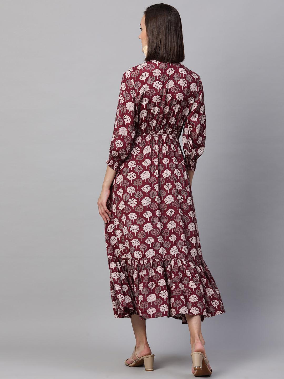 Ethnic Printed Flounce Maxi Dress - Wine - Indiakreations