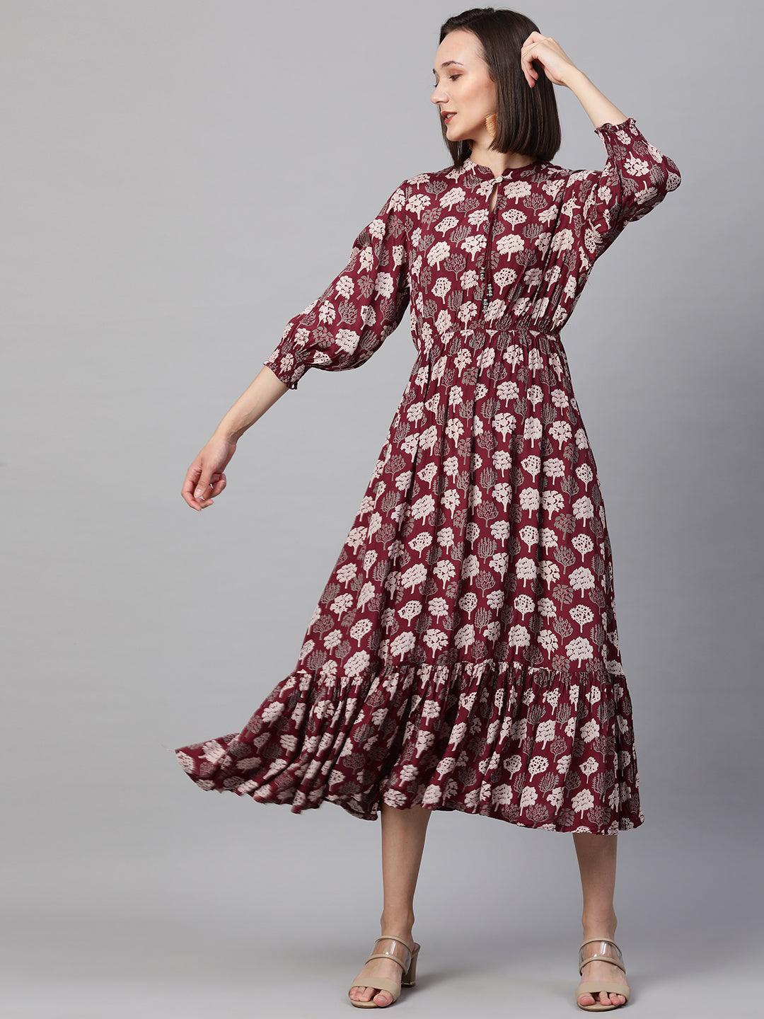 Ethnic Printed Flounce Maxi Dress - Wine - Indiakreations