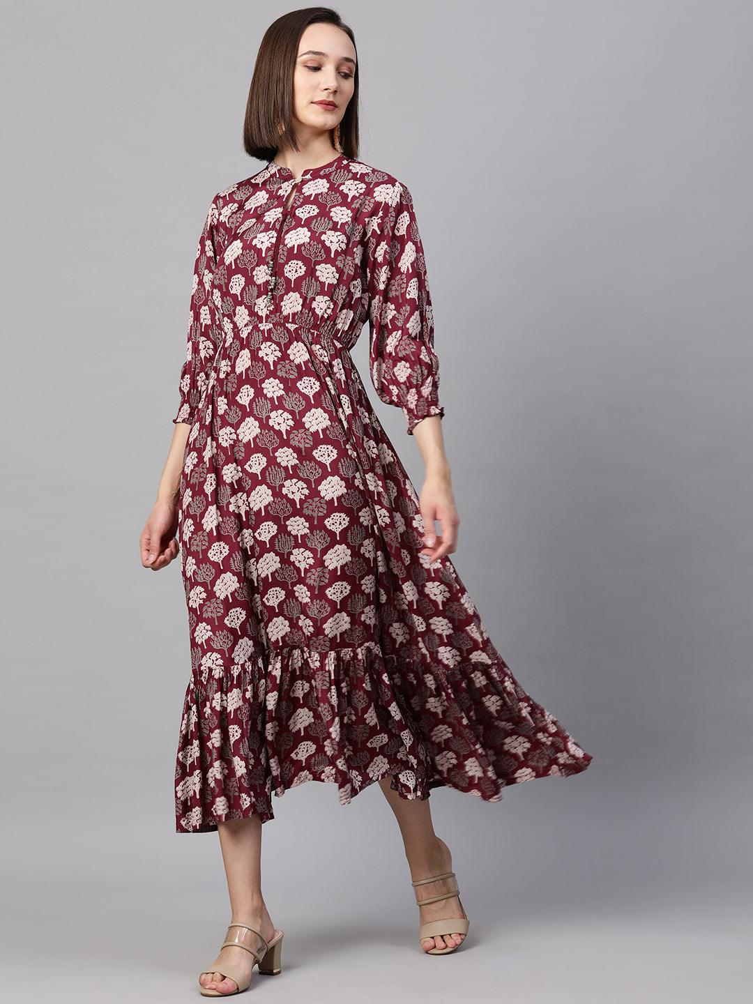 Ethnic Printed Flounce Maxi Dress - Wine - Indiakreations