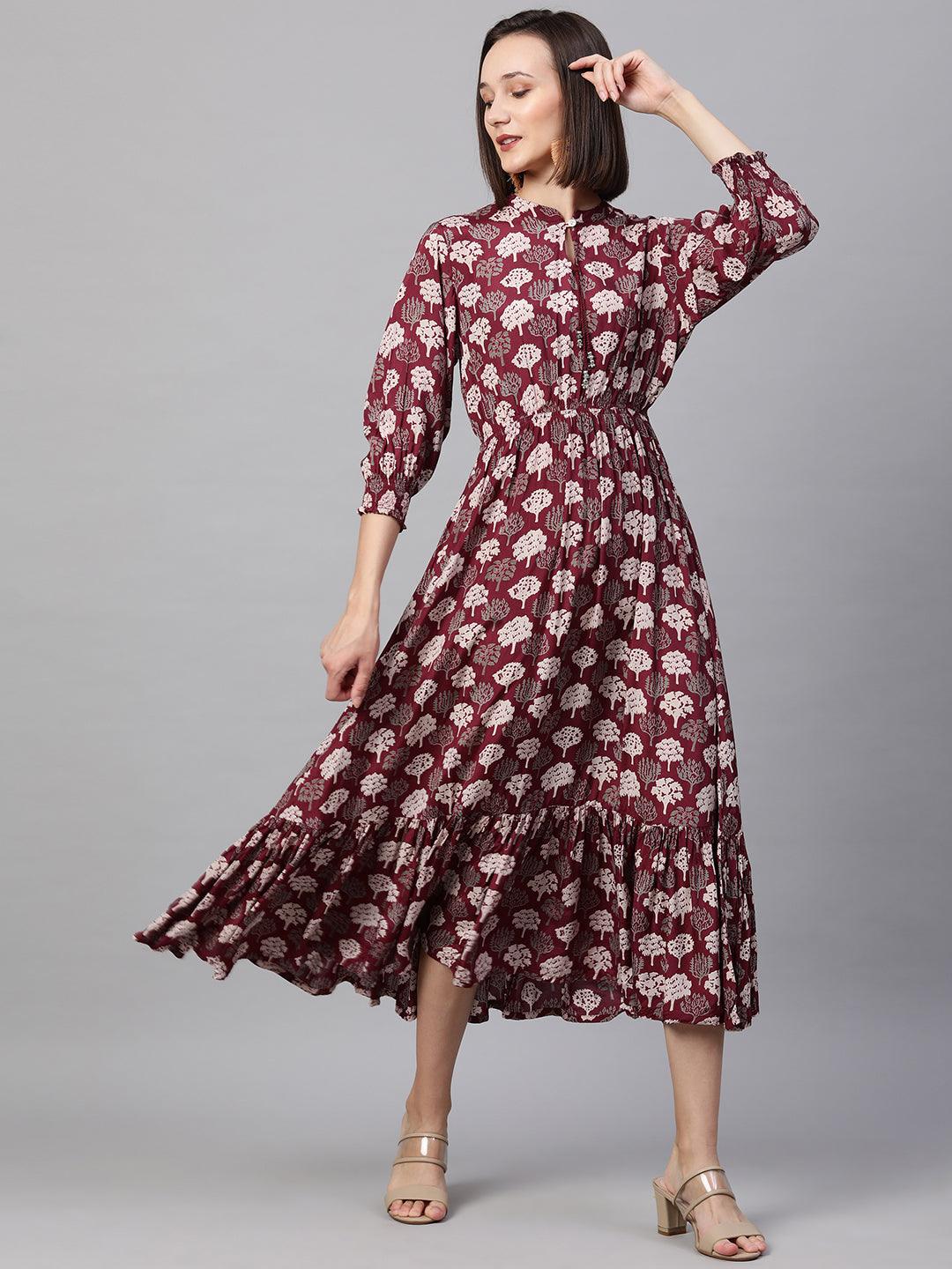 Ethnic Printed Flounce Maxi Dress - Wine - Indiakreations