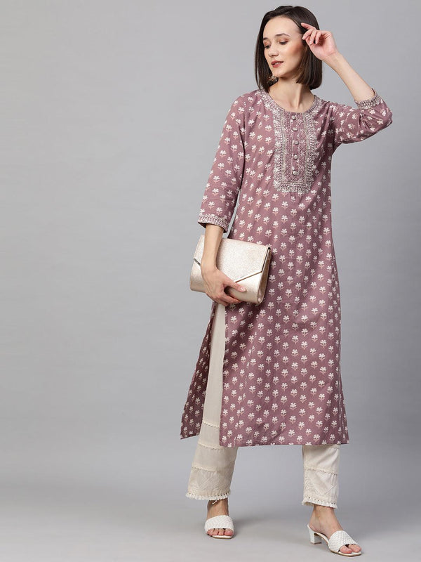 Ethnic Floral Printed & Embroidered Kurta - Rouge Pink - Indiakreations