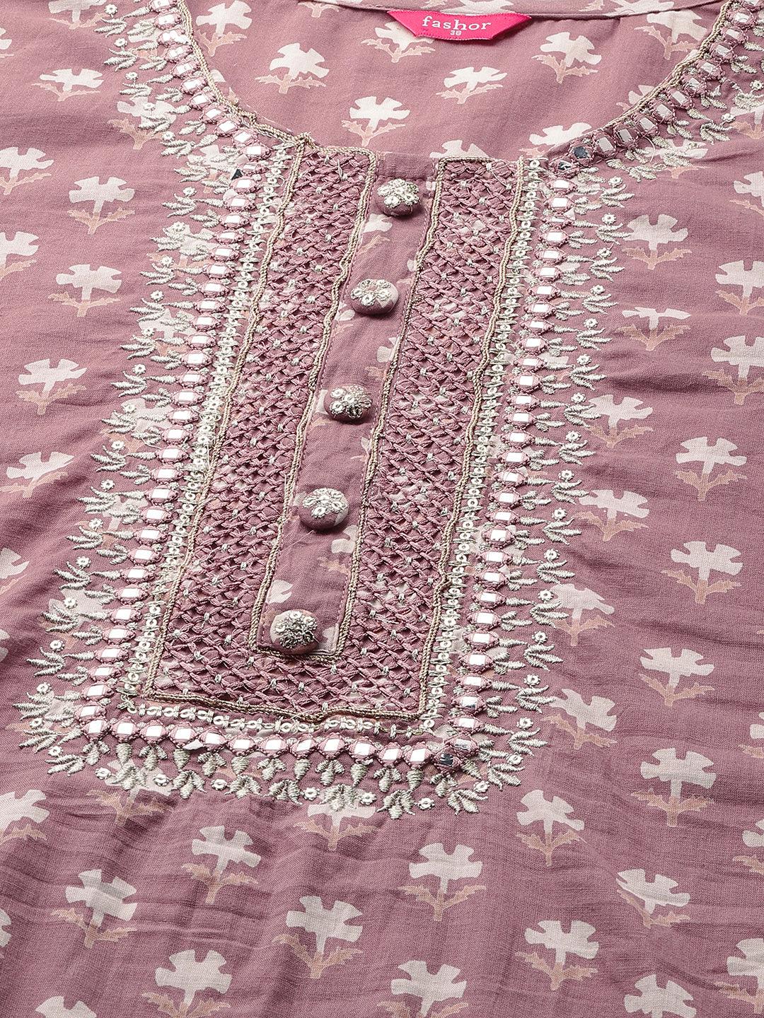 Ethnic Floral Printed & Embroidered Kurta - Rouge Pink - Indiakreations