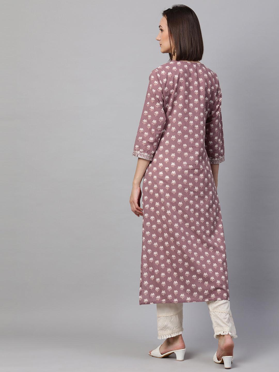 Ethnic Floral Printed & Embroidered Kurta - Rouge Pink - Indiakreations