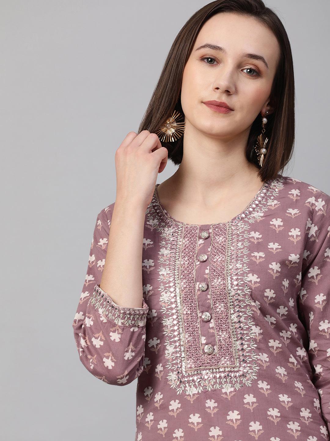 Ethnic Floral Printed & Embroidered Kurta - Rouge Pink - Indiakreations