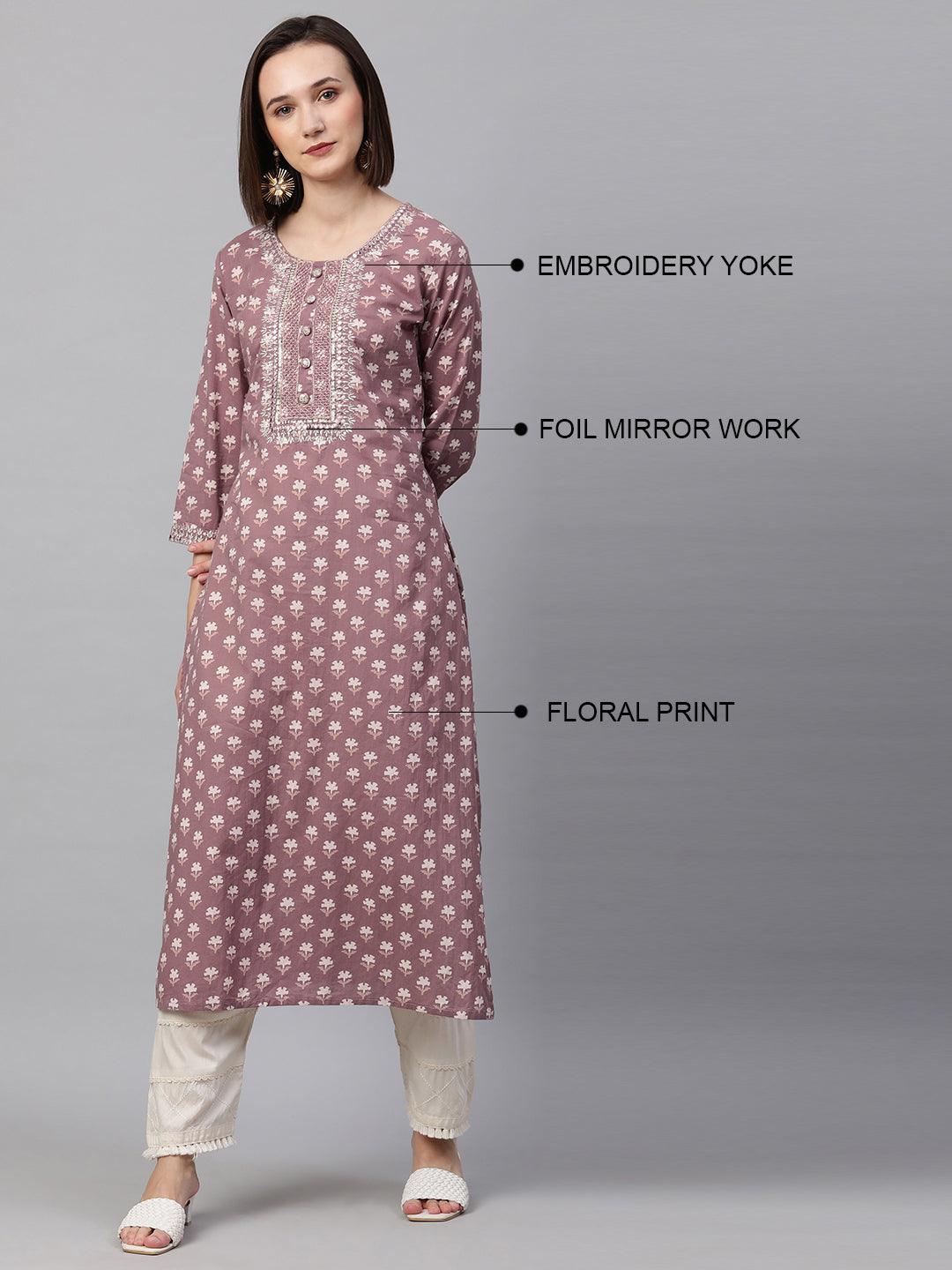 Ethnic Floral Printed & Embroidered Kurta - Rouge Pink - Indiakreations