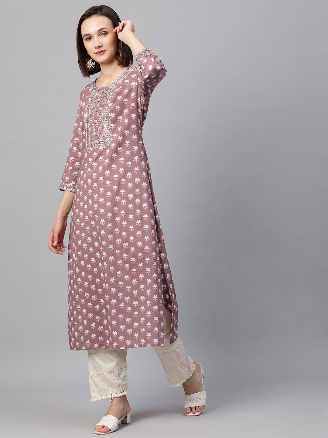 Ethnic Floral Printed & Embroidered Kurta - Rouge Pink - Indiakreations