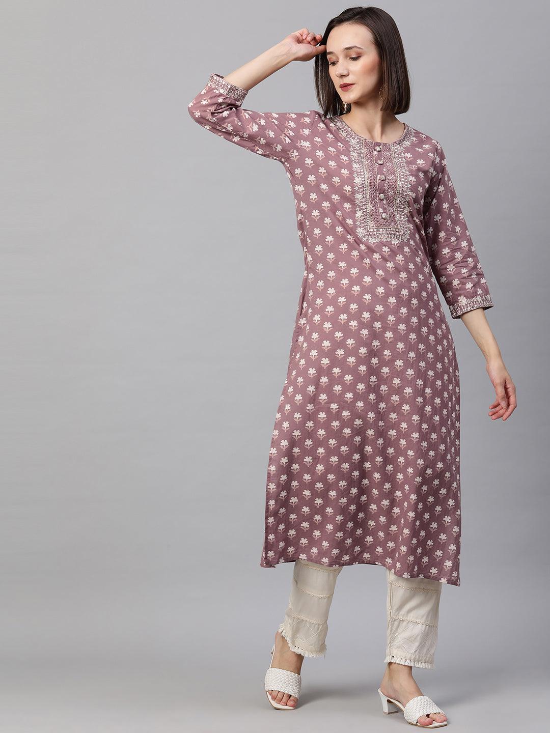 Ethnic Floral Printed & Embroidered Kurta - Rouge Pink - Indiakreations