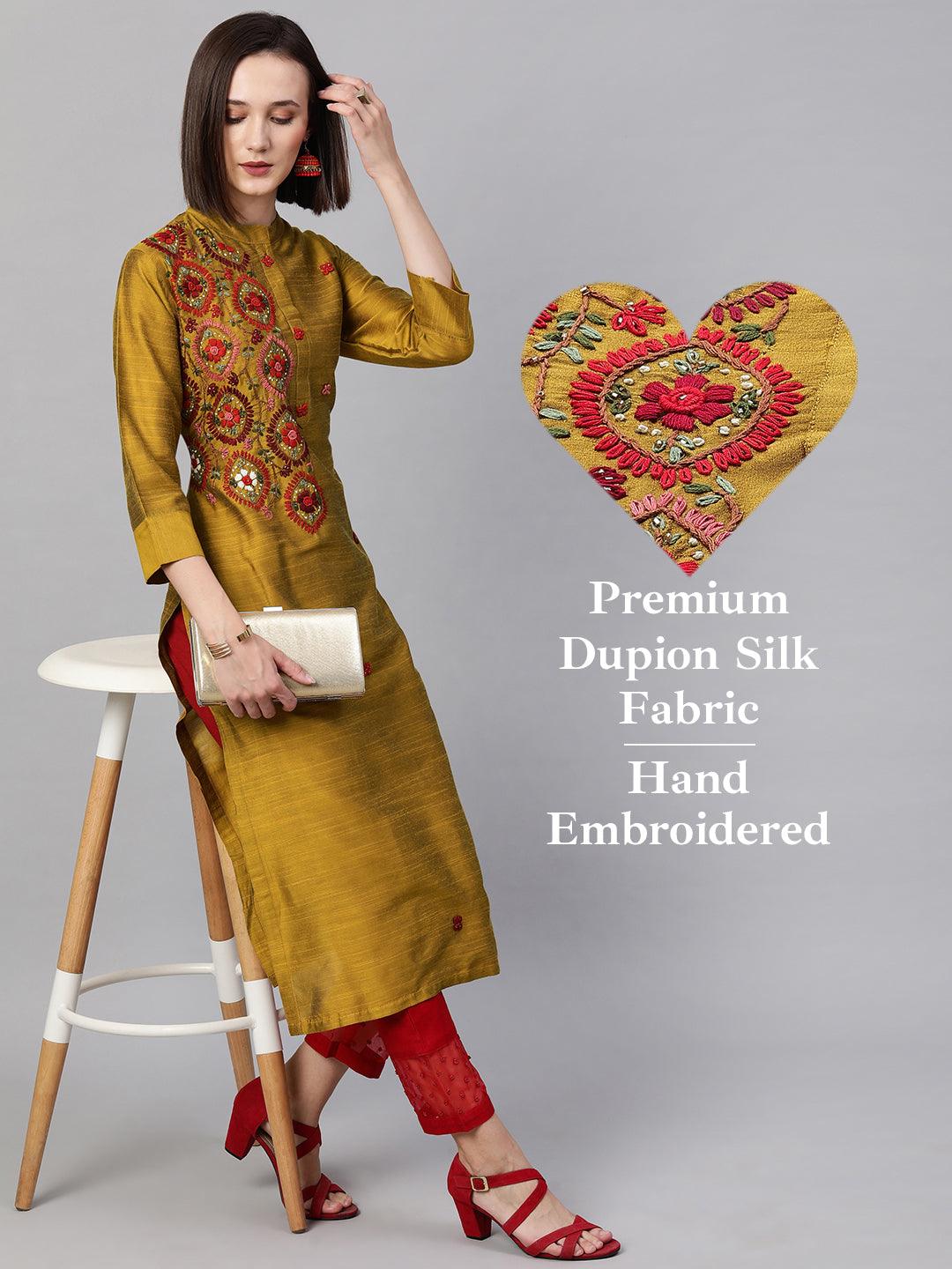 Ethnic Floral Embroidered Straight Kurta - Mustard - Indiakreations