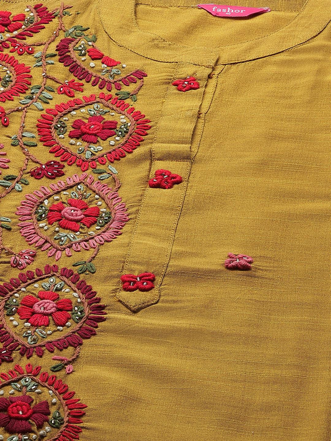 Ethnic Floral Embroidered Straight Kurta - Mustard - Indiakreations