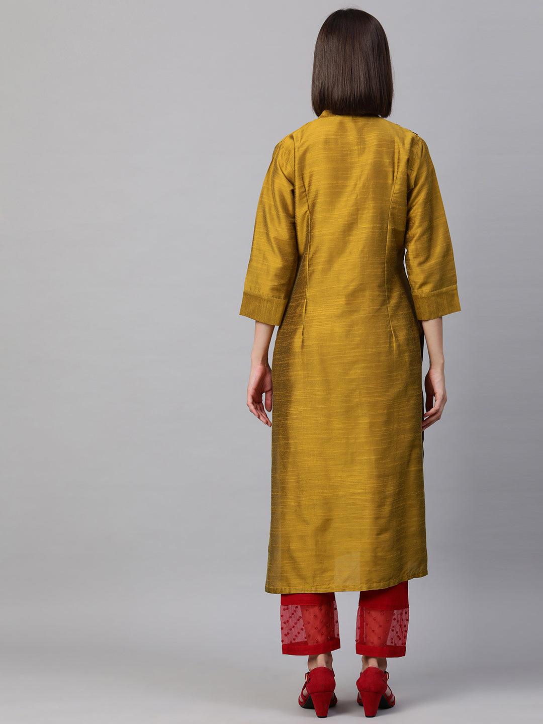 Ethnic Floral Embroidered Straight Kurta - Mustard - Indiakreations