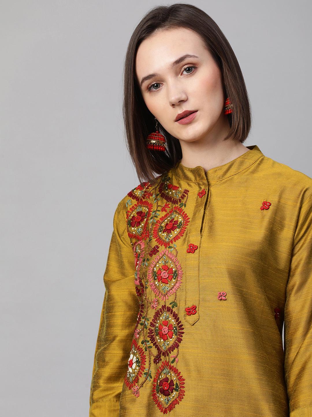 Ethnic Floral Embroidered Straight Kurta - Mustard - Indiakreations