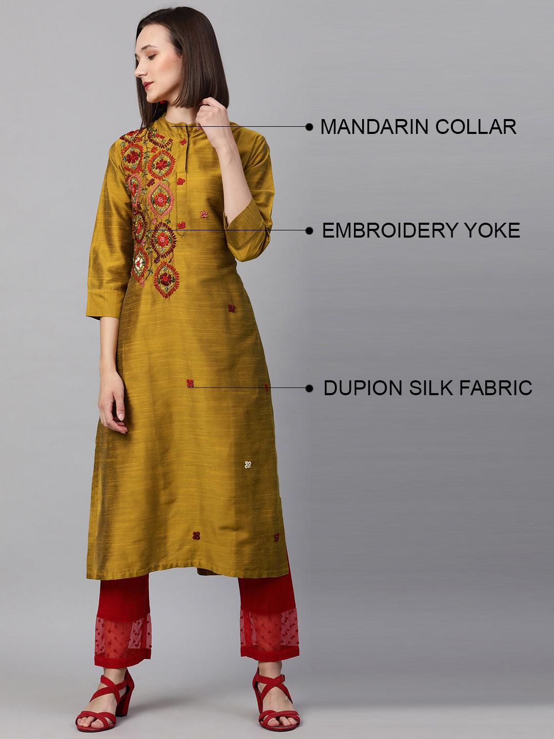 Ethnic Floral Embroidered Straight Kurta - Mustard - Indiakreations