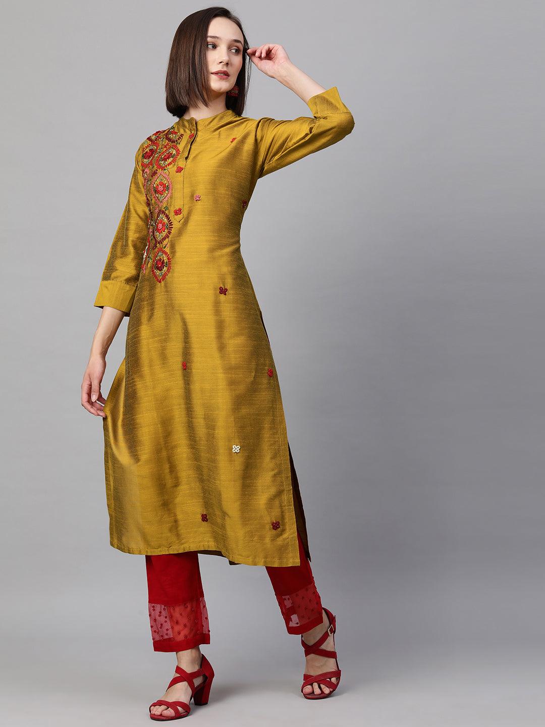 Ethnic Floral Embroidered Straight Kurta - Mustard - Indiakreations