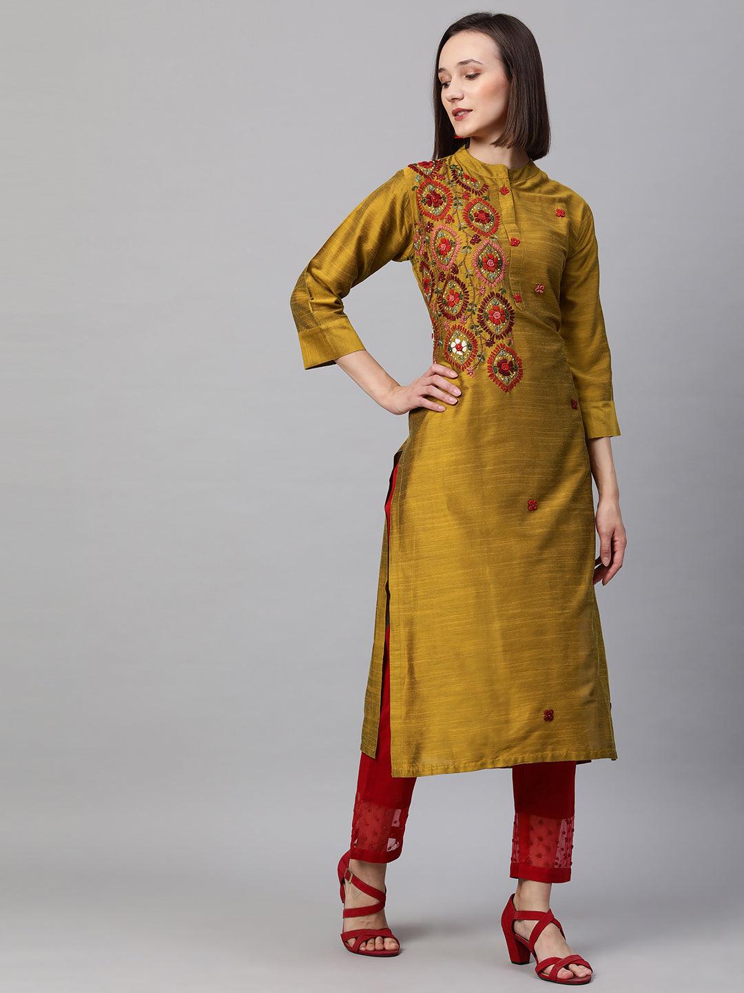 Ethnic Floral Embroidered Straight Kurta - Mustard - Indiakreations